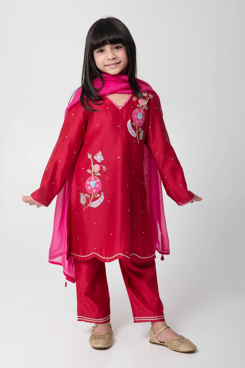Pre-Order: CHERRY COLOUR ETHNIC SUIT WITH VERY ATTRACTIVE EMBROIDERY WITH MATCHING PANTS AND CONTRAST DUPATA