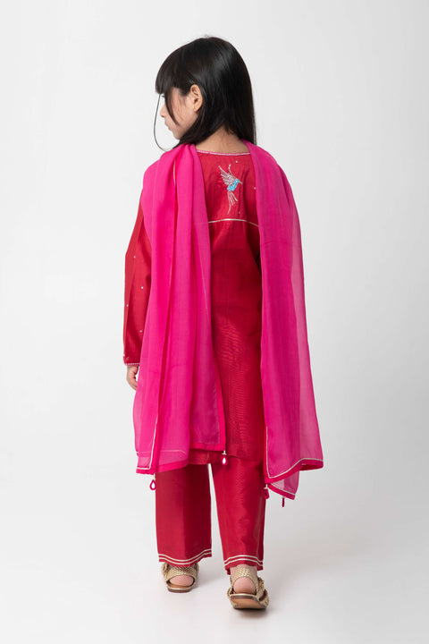 Pre-Order: CHERRY COLOUR ETHNIC SUIT WITH VERY ATTRACTIVE EMBROIDERY WITH MATCHING PANTS AND CONTRAST DUPATA