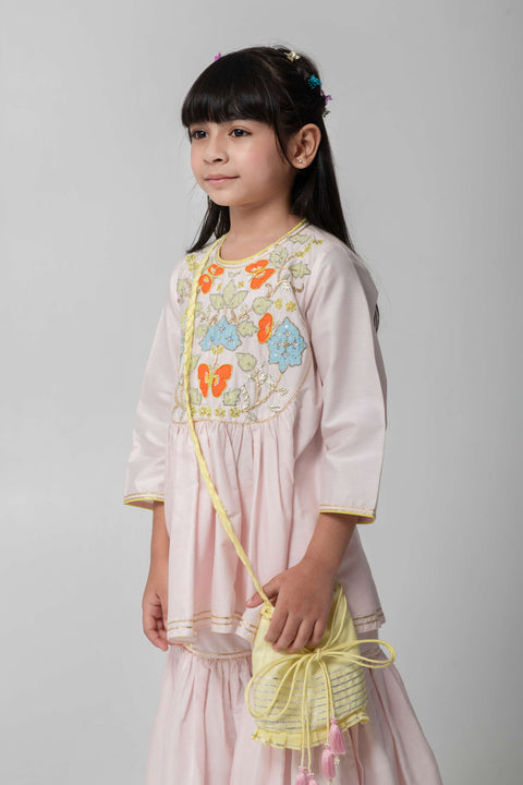 Pre-Order: PASTEL PINK SHARARA WITH PATCHWORK INTRICATE EMBROIDERY. CUTE NEON POTLI ADDED