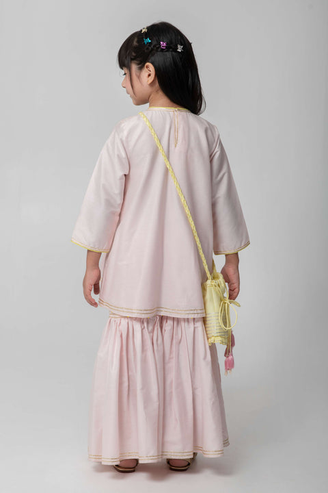 Pre-Order: PASTEL PINK SHARARA WITH PATCHWORK INTRICATE EMBROIDERY. CUTE NEON POTLI ADDED