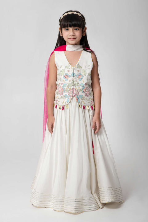 Pre-Order: IVORY COLOUR LEHENGA SET WITH INTRICATE PATCHWORK EMBROIDERY AND CONTRAST DUPATTA