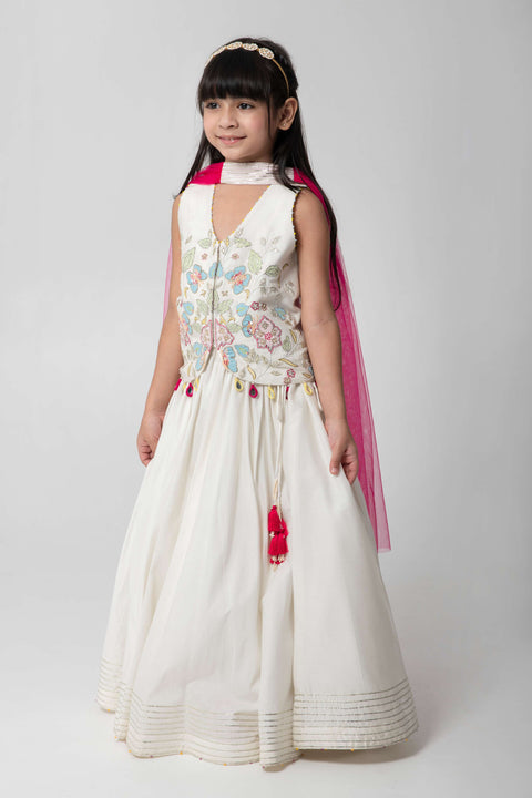 Pre-Order: IVORY COLOUR LEHENGA SET WITH INTRICATE PATCHWORK EMBROIDERY AND CONTRAST DUPATTA