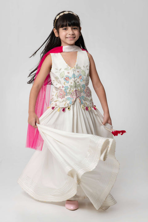 Pre-Order: IVORY COLOUR LEHENGA SET WITH INTRICATE PATCHWORK EMBROIDERY AND CONTRAST DUPATTA