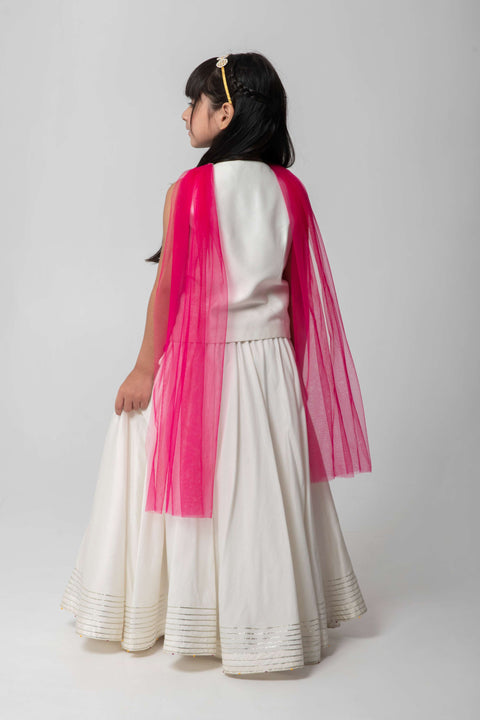 Pre-Order: IVORY COLOUR LEHENGA SET WITH INTRICATE PATCHWORK EMBROIDERY AND CONTRAST DUPATTA