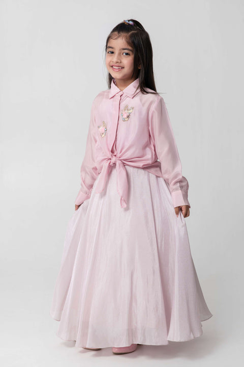 Pre-Order: PINK TIEUP SHIRT WITH SHIMMERY MATCHING SKIRT