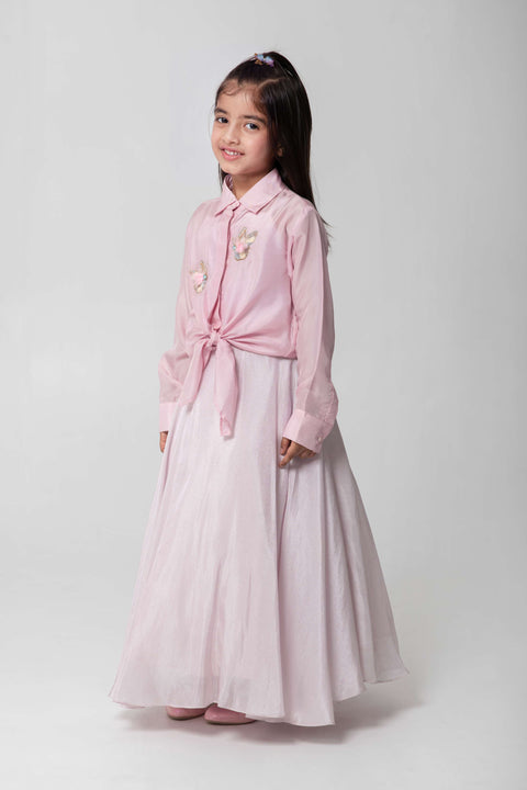 Pre-Order: PINK TIEUP SHIRT WITH SHIMMERY MATCHING SKIRT