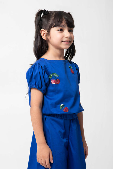 Pre-Order: ROYAL BLUE CHERRY EMBROIDERED COORD SET