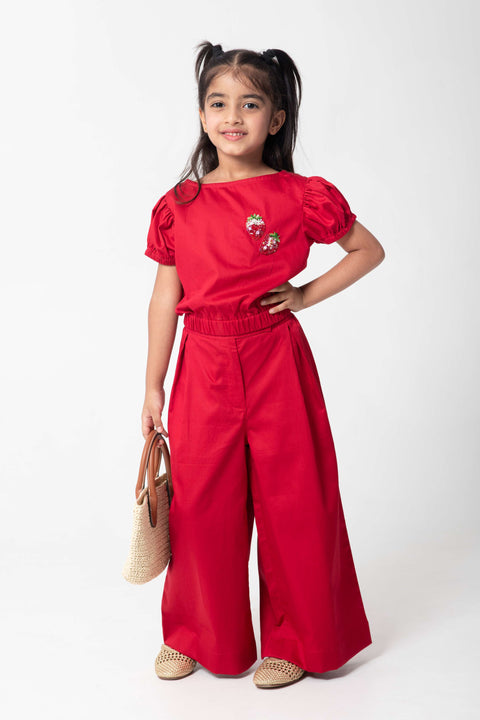 Pre-Order: VERY CUTE RED COORD SET WITH STARWBERRY EMBELISHED ON TOP