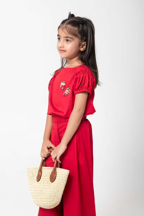 Pre-Order: VERY CUTE RED COORD SET WITH STARWBERRY EMBELISHED ON TOP