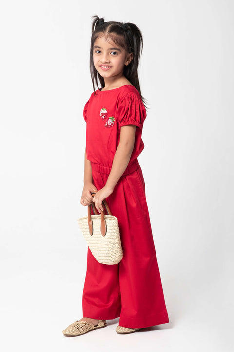 Pre-Order: VERY CUTE RED COORD SET WITH STARWBERRY EMBELISHED ON TOP