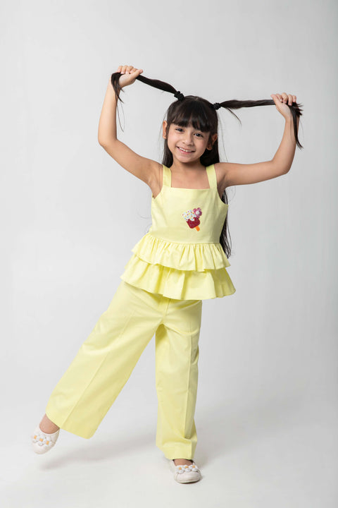 Pre-Order: ICE-CREAM EMBROIDERED TOP WITH FRILL DETAILING AND SAME PANTS
