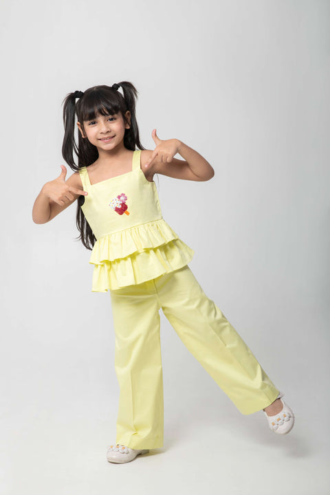 Pre-Order: ICE-CREAM EMBROIDERED TOP WITH FRILL DETAILING AND SAME PANTS