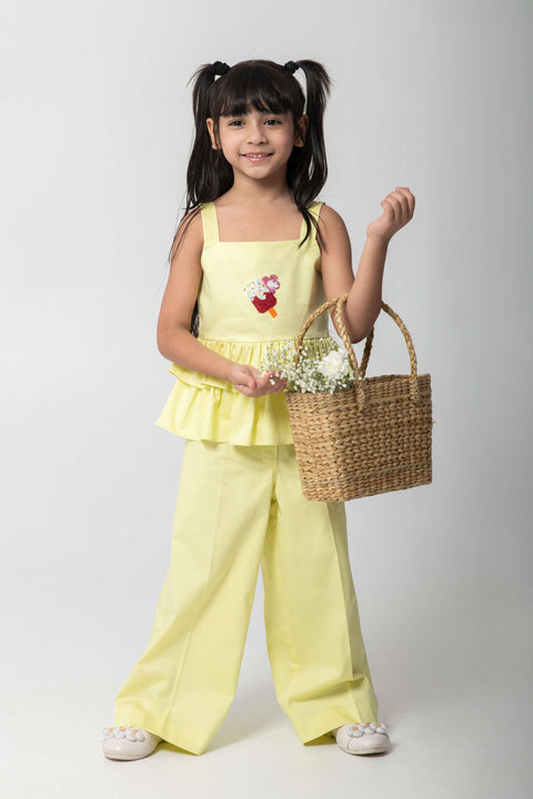 Pre-Order: ICE-CREAM EMBROIDERED TOP WITH FRILL DETAILING AND SAME PANTS