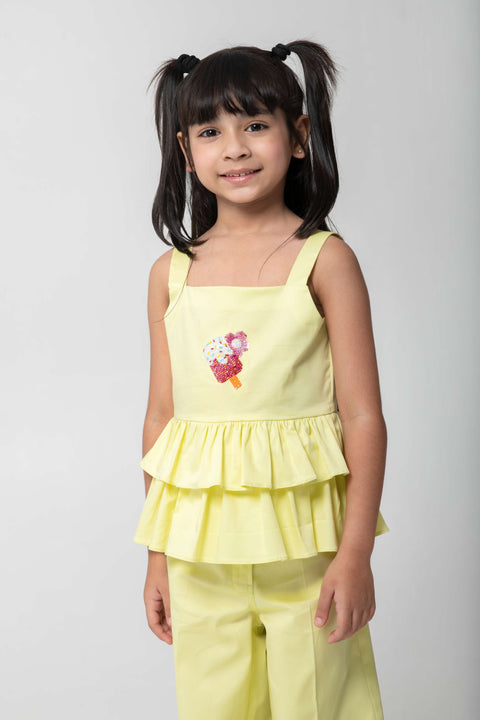 Pre-Order: ICE-CREAM EMBROIDERED TOP WITH FRILL DETAILING AND SAME PANTS