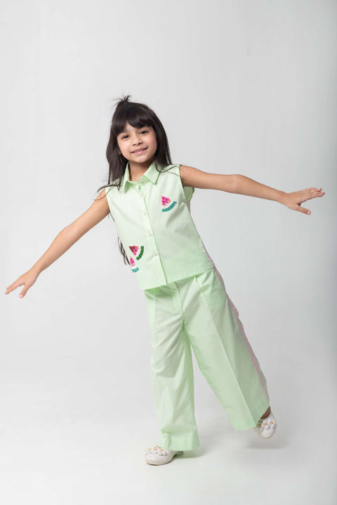 Pre-Order: MINT GREEN SHIRT & TROUSER CO-ORD SET WITH WATERMELON EMBROIDERY