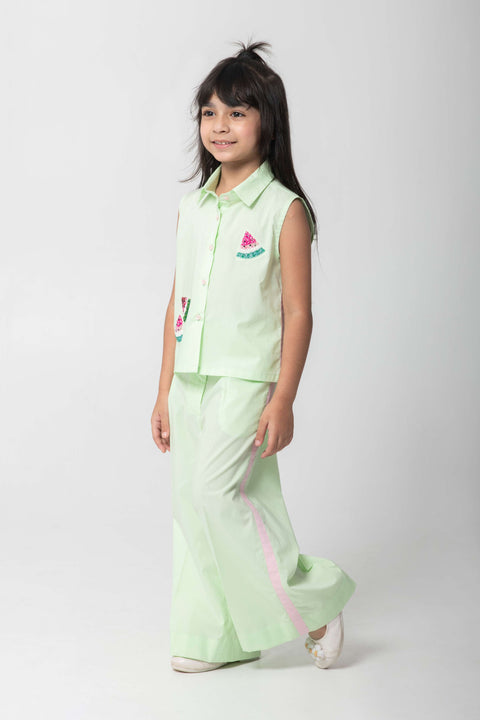 Pre-Order: MINT GREEN SHIRT & TROUSER CO-ORD SET WITH WATERMELON EMBROIDERY