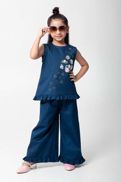Pre-Order: NAVY BLUE CO-ORD SET WITH PLANET EMBROIDERY