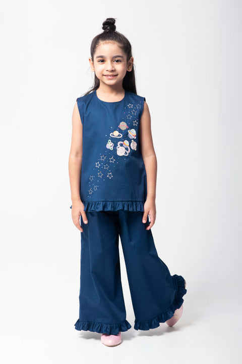 Pre-Order: NAVY BLUE CO-ORD SET WITH PLANET EMBROIDERY