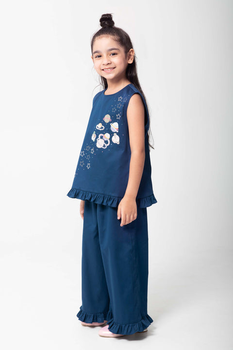 Pre-Order: NAVY BLUE CO-ORD SET WITH PLANET EMBROIDERY