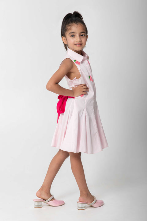 Pre-Order: STRAWBERRY EMBROIDERED PASTEL PINK FLARED DRESS
