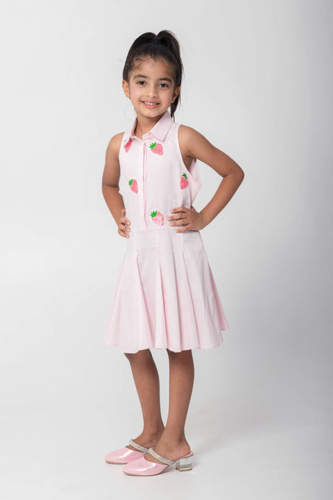 Pre-Order: STRAWBERRY EMBROIDERED PASTEL PINK FLARED DRESS