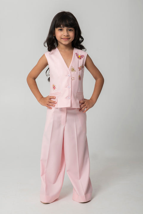 Pre-Order: PEACH WAISTCOAT SET WITH MINI BEASTED EMBROIDERY ON FRONT