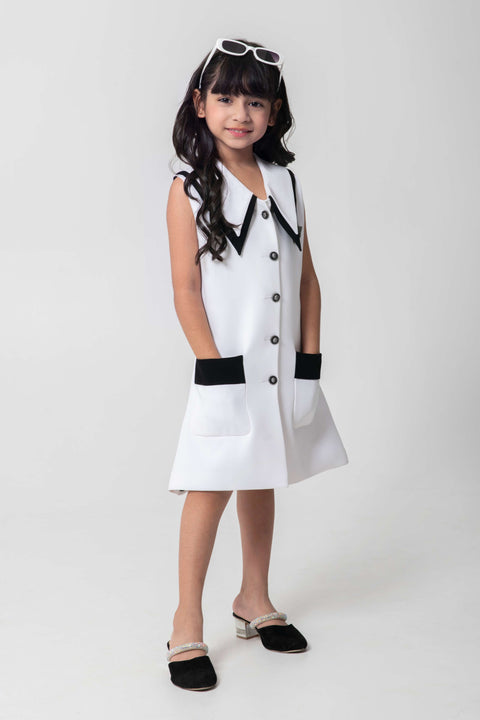 Pre-Order: BLACK AND WHITE FORMAL BLAZER DRESS WITH EMBELLISHED BUTTONS AND BROOCH