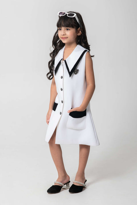 Pre-Order: BLACK AND WHITE FORMAL BLAZER DRESS WITH EMBELLISHED BUTTONS AND BROOCH