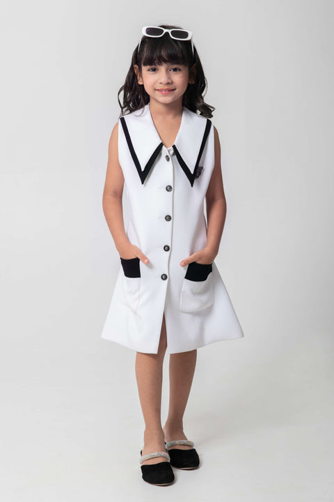 Pre-Order: BLACK AND WHITE FORMAL BLAZER DRESS WITH EMBELLISHED BUTTONS AND BROOCH