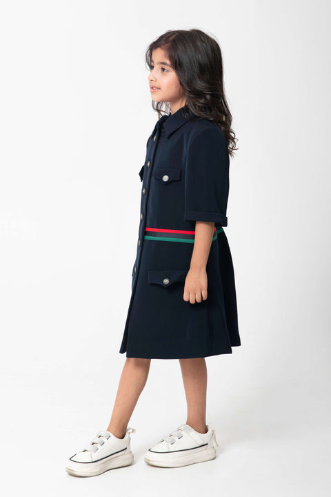 Pre-Order: NAVY FORMAL DRESS WITH TAPE DETAILING AND METAL BUTTONS