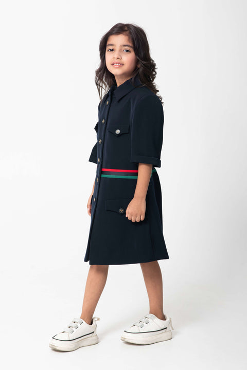 Pre-Order: NAVY FORMAL DRESS WITH TAPE DETAILING AND METAL BUTTONS