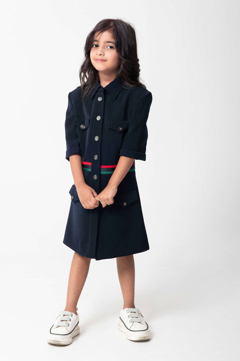Pre-Order: NAVY FORMAL DRESS WITH TAPE DETAILING AND METAL BUTTONS