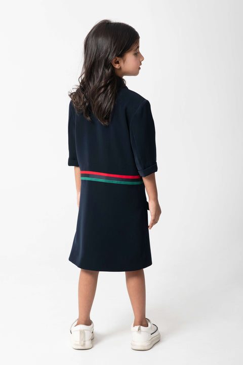Pre-Order: NAVY FORMAL DRESS WITH TAPE DETAILING AND METAL BUTTONS