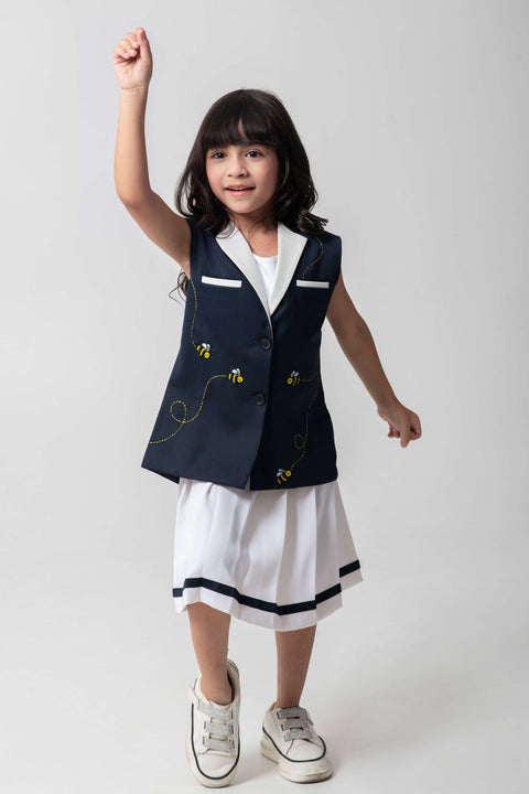 Pre-Order: BEE EMBROIDERED BLAZER WITH BACK DETAILING AND PLEATED SKIRT