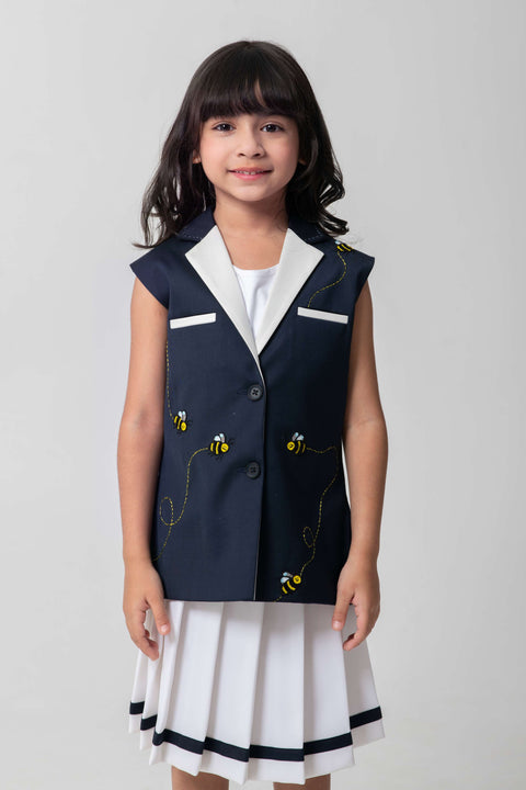 Pre-Order: BEE EMBROIDERED BLAZER WITH BACK DETAILING AND PLEATED SKIRT