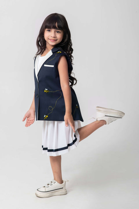 Pre-Order: BEE EMBROIDERED BLAZER WITH BACK DETAILING AND PLEATED SKIRT