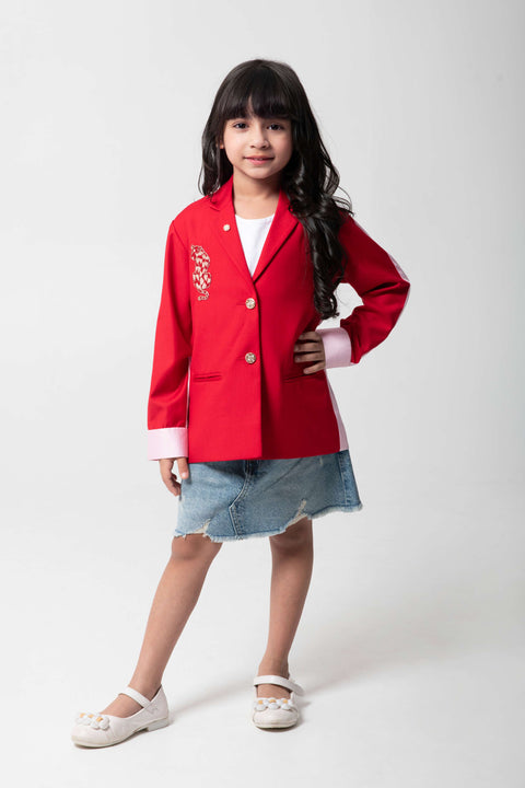 Pre-Order: RED BLAZER WITH CHEETA EMBROIDERED AND PINK BACK