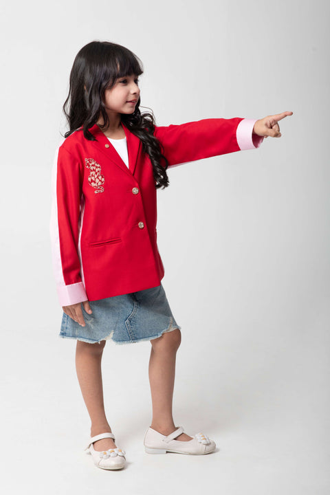 Pre-Order: RED BLAZER WITH CHEETA EMBROIDERED AND PINK BACK