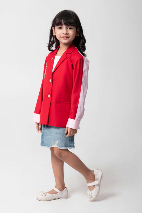 Pre-Order: RED BLAZER WITH CHEETA EMBROIDERED AND PINK BACK