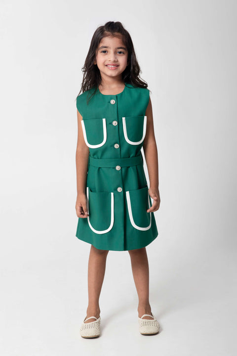 Pre-Order: BOLD EMRALD GREEN DRESS WITH WHITE POCKET DETAILING, EMBELLISHED BUTTONS AND A BELT