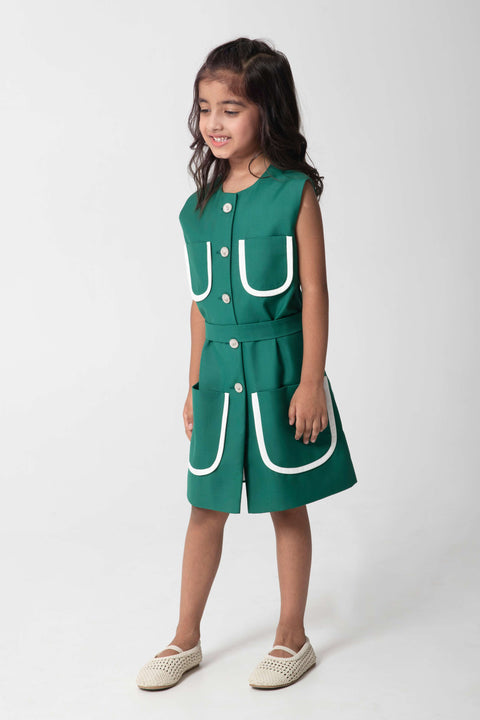 Pre-Order: BOLD EMRALD GREEN DRESS WITH WHITE POCKET DETAILING, EMBELLISHED BUTTONS AND A BELT