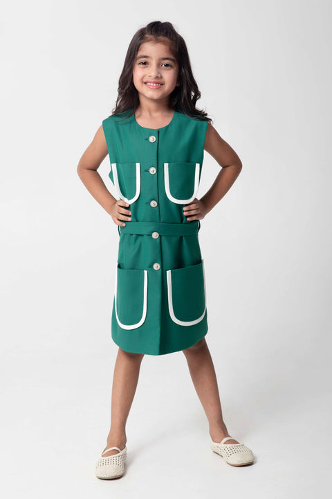 Pre-Order: BOLD EMRALD GREEN DRESS WITH WHITE POCKET DETAILING, EMBELLISHED BUTTONS AND A BELT