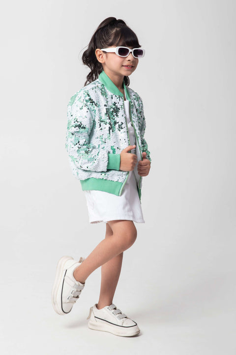 Pre-Order: MINT AND WHITE SEQUENCED BOMBER JACKET