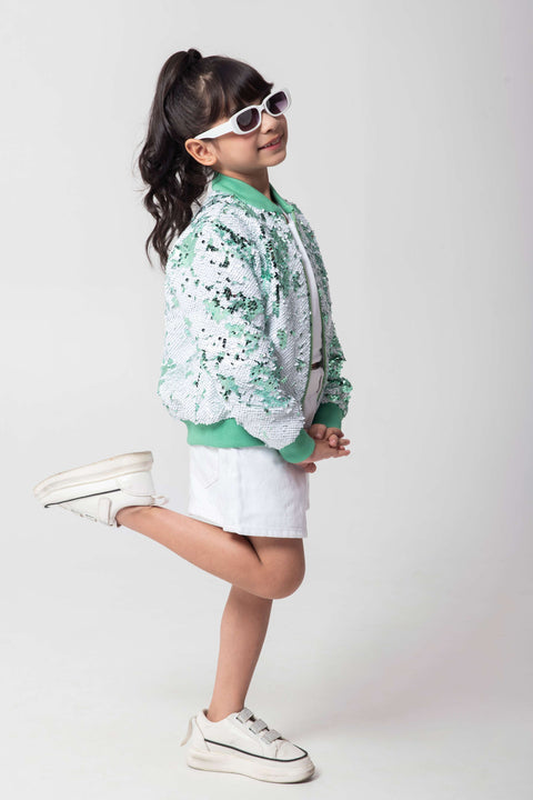 Pre-Order: MINT AND WHITE SEQUENCED BOMBER JACKET