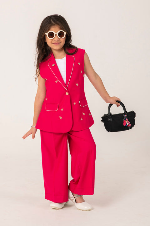 Pre-Order: BRIGHT PINK BLAZER SET WITH LADYBUG EMBELLISHMENT AND TAILORED PANTS