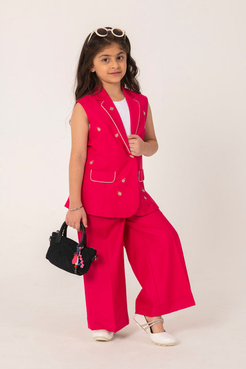 Pre-Order: BRIGHT PINK BLAZER SET WITH LADYBUG EMBELLISHMENT AND TAILORED PANTS