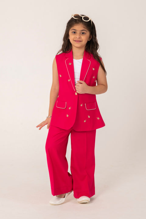 Pre-Order: BRIGHT PINK BLAZER SET WITH LADYBUG EMBELLISHMENT AND TAILORED PANTS