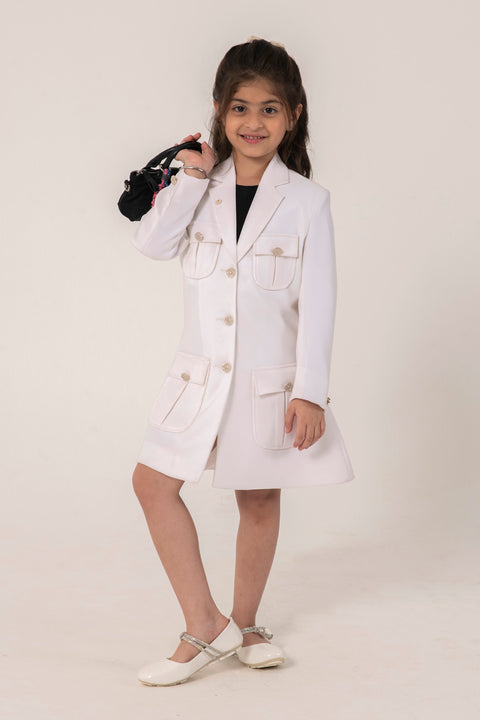 Pre-Order: WHITE FORMAL BLAZER DRESS WITH EMBELLISHED BUTTONS
