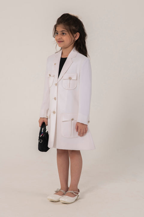 Pre-Order: WHITE FORMAL BLAZER DRESS WITH EMBELLISHED BUTTONS