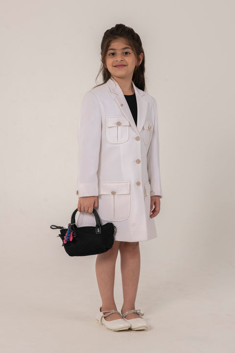 Pre-Order: WHITE FORMAL BLAZER DRESS WITH EMBELLISHED BUTTONS
